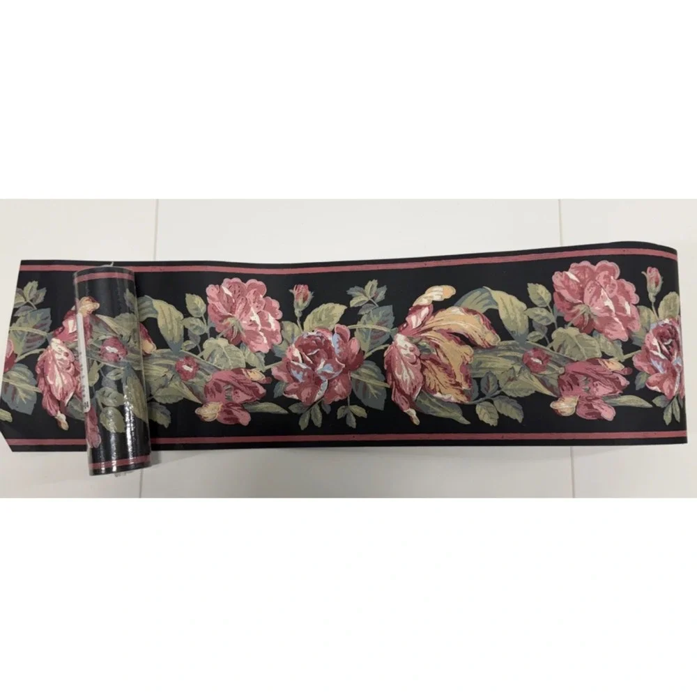 York Vtg Black FLORAL Pre Pasted Wallpaper BORDER 1 roll plus 69